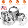 Stainless Steel Cookware Set Fast Even Heat Induction Pots Pans Set Dishwasher Safe with 2.7/3.7 Quart Stockpot 2 Quart Saucepan 9.17in Frying Pan