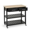 Modern Black Kitchen Island Cart with Wood Top 2 Drawers and 2 Bottom Shelves