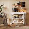 White Kitchen Island Cart with 2 Drawers Wood Top and Locking Wheels