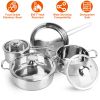 Stainless Steel Cookware Set Fast Even Heat Induction Pots Pans Set Dishwasher Safe with 2.7/3.7 Quart Stockpot 2 Quart Saucepan 9.17in Frying Pan