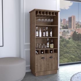 Dundee 70-Inch High 10-Glass Bar Cabinet with 5 Cubbies and 3 Open Shelves and Cabinet Dark Brown