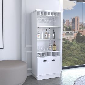 Dundee 70-Inch High 10-Glass Bar Cabinet with 5 Cubbies and 3 Open Shelves and Cabinet White