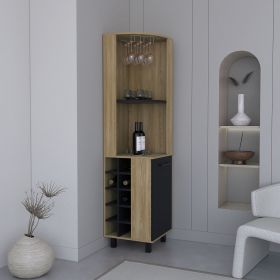 Kaia 70" Tall Corner Bar Cabinet With Four Shelves, Ten Wine Bottle Cubbies and Stemware in Natural Oak - Black