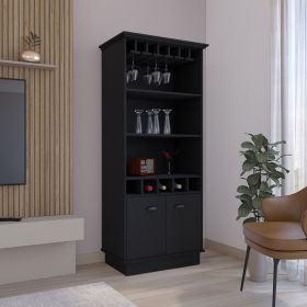 Dundee 70-Inch High 10-Glass Bar Cabinet with 5 Cubbies and 3 Open Shelves and Cabinet Black