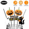 25Pcs Halloween Party Striped Decorative Straws Disposable Drinking Straws Paper Straw Decor Happy Halloween Ghost Lantern Black Cat Halloween Party S