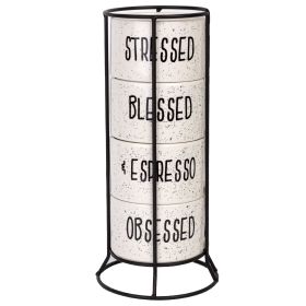 White and Black Speckled Sentiment Espresso Stoneware Mugs with Rack, 4 8 oz