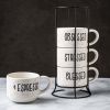 White and Black Speckled Sentiment Espresso Stoneware Mugs with Rack, 4 8 oz