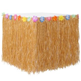 Grass Table Skirt Hawaiian Luau Party Decorations Supplies w/Hibiscus for Buffet BBQ Tiki Bar Beach Birthday Party Use