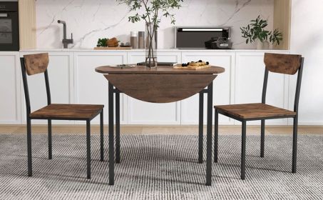 TOPMAX Modern 3-Piece Round Dining Table Set with Drop Leaf and 2 Chairs for Small Places,Black Frame+Rustic Brown Finish