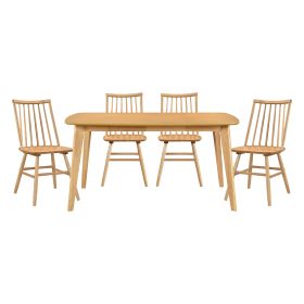 Natural Oak Finish Casual Dining 5pc Set Table and 4 Side Chairs Curved Backrest Windsor Wooden Dining Kitchen Furnitures > Dining