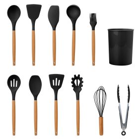 11Pcs Silicone Cooking Utensil Set Heat Resist Wooden Handle Silicone Spatula Turner Ladle Spaghetti Server Tongs Spoon Egg Whish Kitchenware Set w/ H (Options: Black)