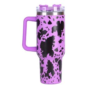 40oz 5D cowprint Insulated Tumbler With Handle And Straw Lid Portable Large Capacity water bottle, Heat preservation,304 Stainless Steel Cup For Outdo (Color: Purple cow print)