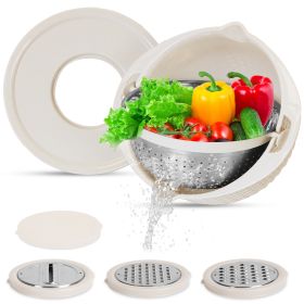 Multifunctional Mixing Bowl with Lid Set 3 Replaceable Graters Food Strainer and Colander Fruit Vegetable Washing Basket Stainless Steel (Options: Beige)