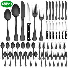 48-Piece Silverware Set Stainless Steel Flatware Cutlery Set Tableware Eating Utensils for 8 with Knife Fork Spoon Dishwasher Safe for Home Kitchen Re (Options: Black)